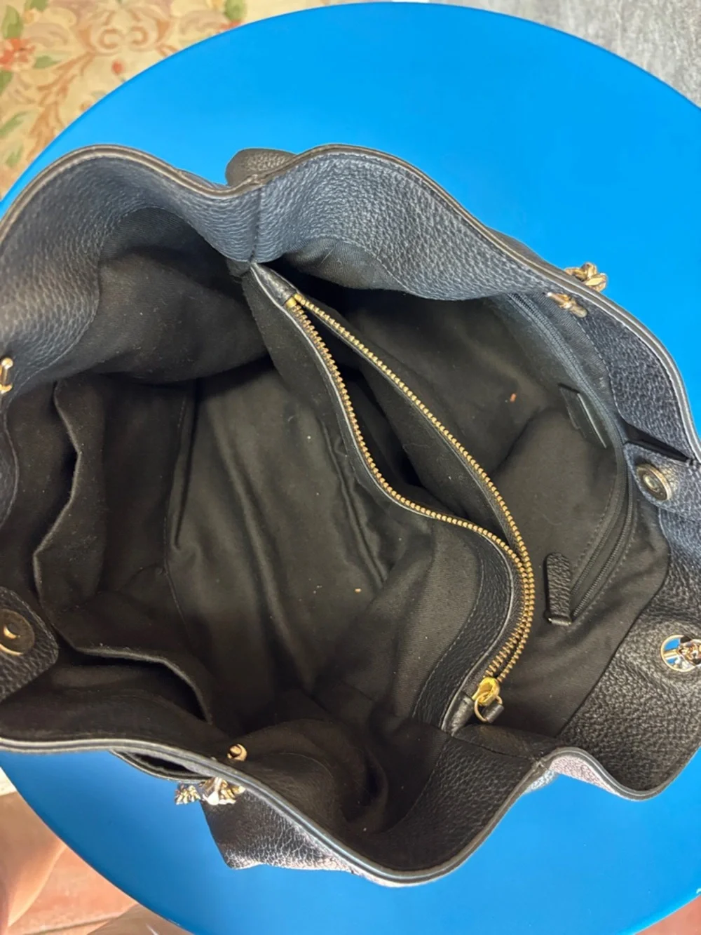 Classic Black Leather Tote with Gold Chain Straps